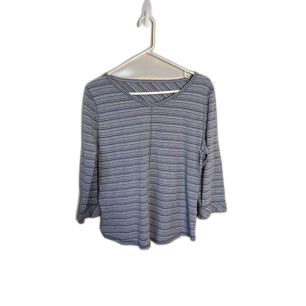 Talbots Womens XLP Petite Blue White Striped 3/4 Sleeve V-Neck Top Nautical Prep - Picture 1 of 6